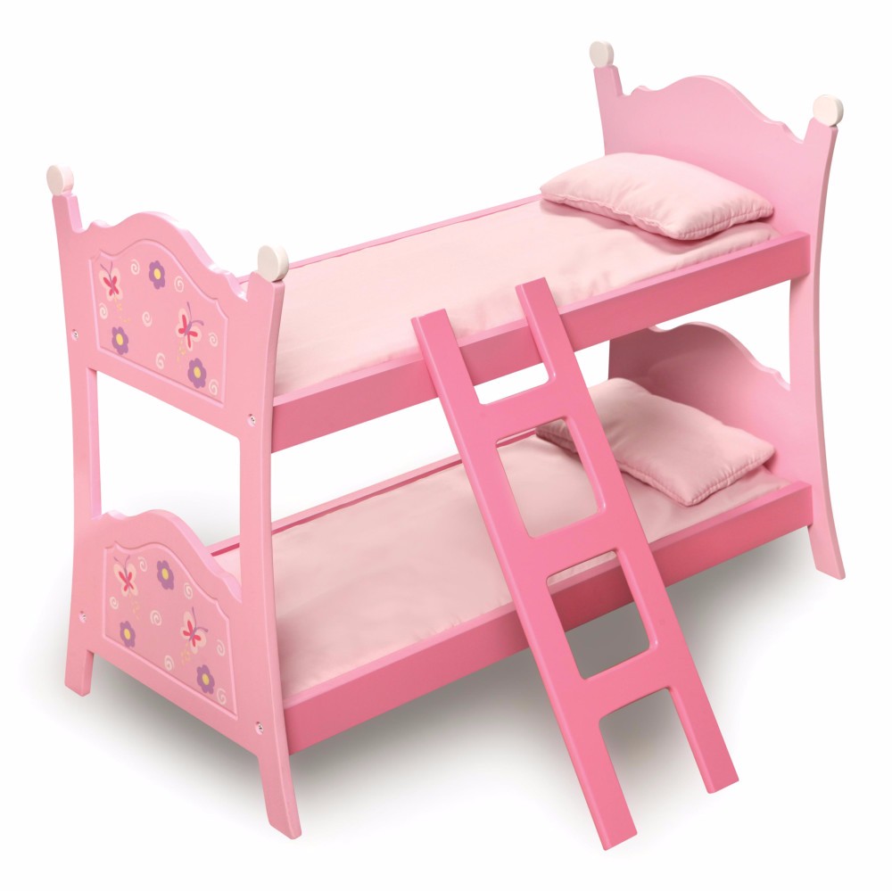 Blossoms & Butterflies Doll Bunk Bed W/ Ladder & Bedding In Pink - Badger Basket 01854