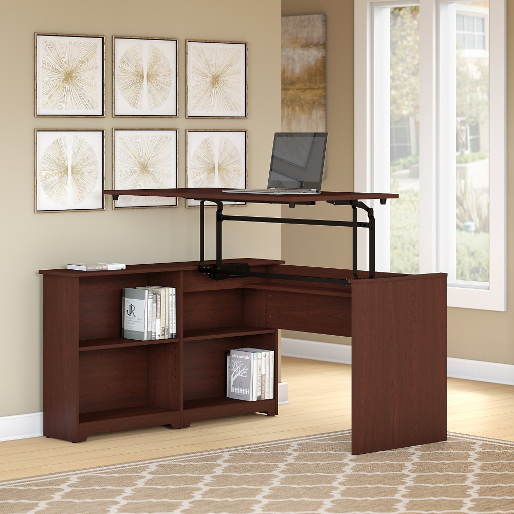 Cabot 52w 3 Position Sit To Stand Corner Bookshelf Desk In Harvest Cherry - Bush Furniture Wc31416-03