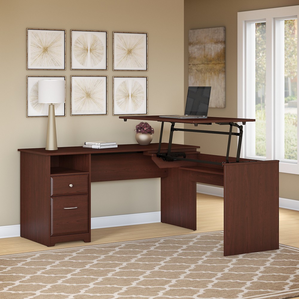 Cabot 60w 3 Position L Shaped Sit To Stand Desk In Harvest Cherry - Bush Furniture Cab043hvc