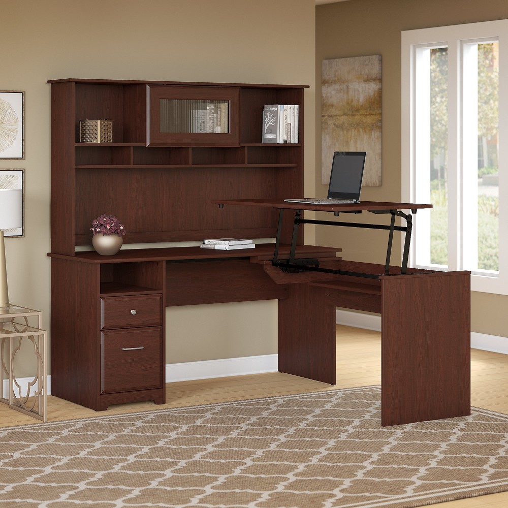 Cabot 60w 3 Position L Shaped Sit To Stand Desk With Hutch In Harvest Cherry - Bush Furniture Cab045hvc