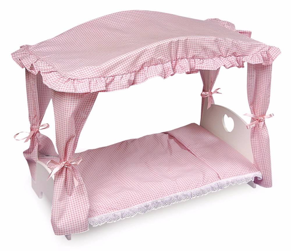 Canopy Doll Bed W/ Bedding In White/pink - Badger Basket 01845
