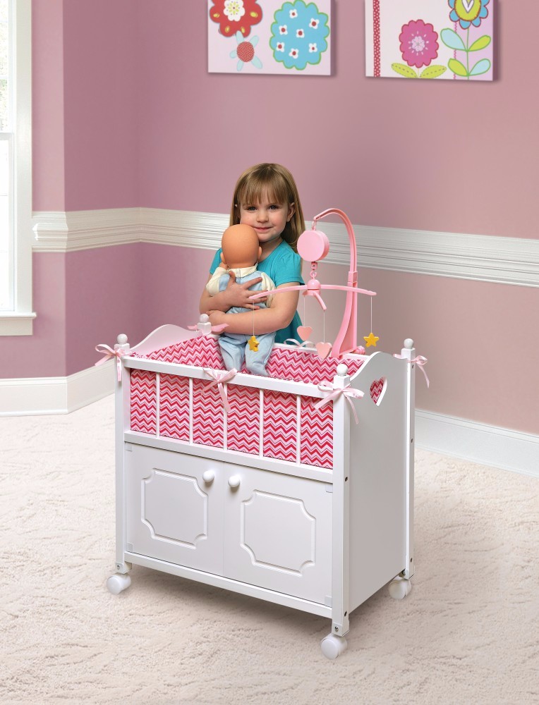 Chevron Doll Crib W/ Cabinet W/ Bedding And Free Personalization Kit In White/pink - Badger Basket 17291