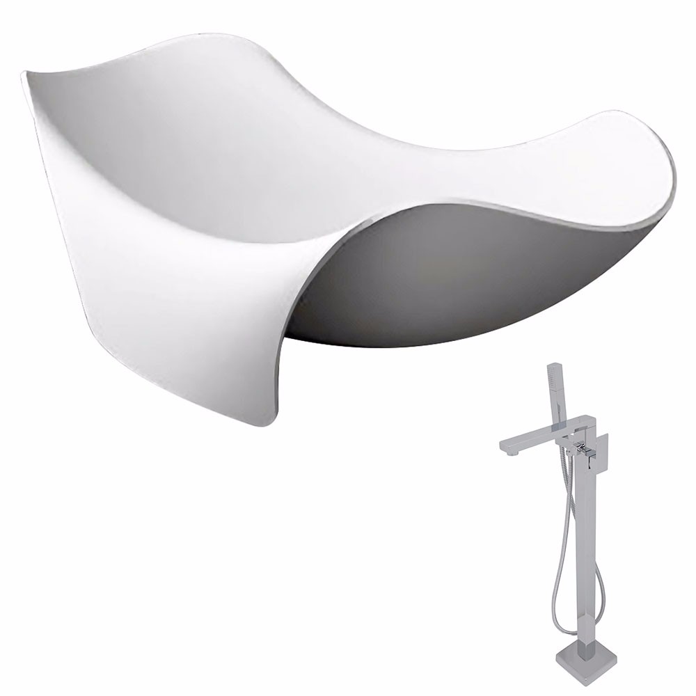 Cielo 65 ft Man Made Stone Double Slipper Flatbottom Non Whirlpool Bathtub in Matte White Dawn Faucet in Chrome ANZZI FT512 0028