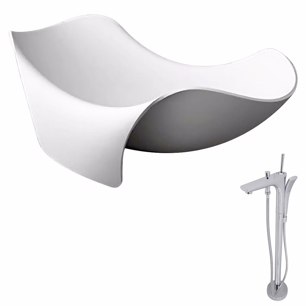 Cielo 65 ft Man Made Stone Double Slipper Flatbottom Non Whirlpool Bathtub in Matte White Kase Faucet in Chrome ANZZI FT512 0029