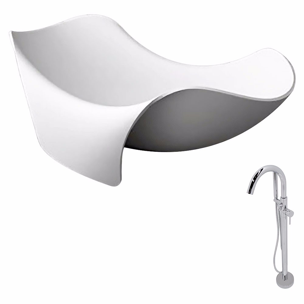 Cielo 65 ft Man Made Stone Double Slipper Flatbottom Non Whirlpool Bathtub in Matte White Kros Faucet in Chrome ANZZI FT512 0025