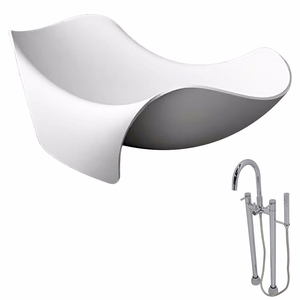 Cielo 65 ft Man Made Stone Double Slipper Flatbottom Non Whirlpool Bathtub in Matte White Sol Faucet in Chrome ANZZI FT512 0027