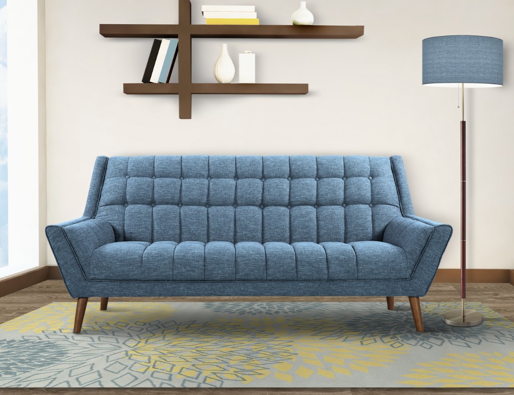 Cobra Mid-Century Modern Sofa in Blue Linen and Walnut Legs - Armen Living LCCO3BL - Sofas