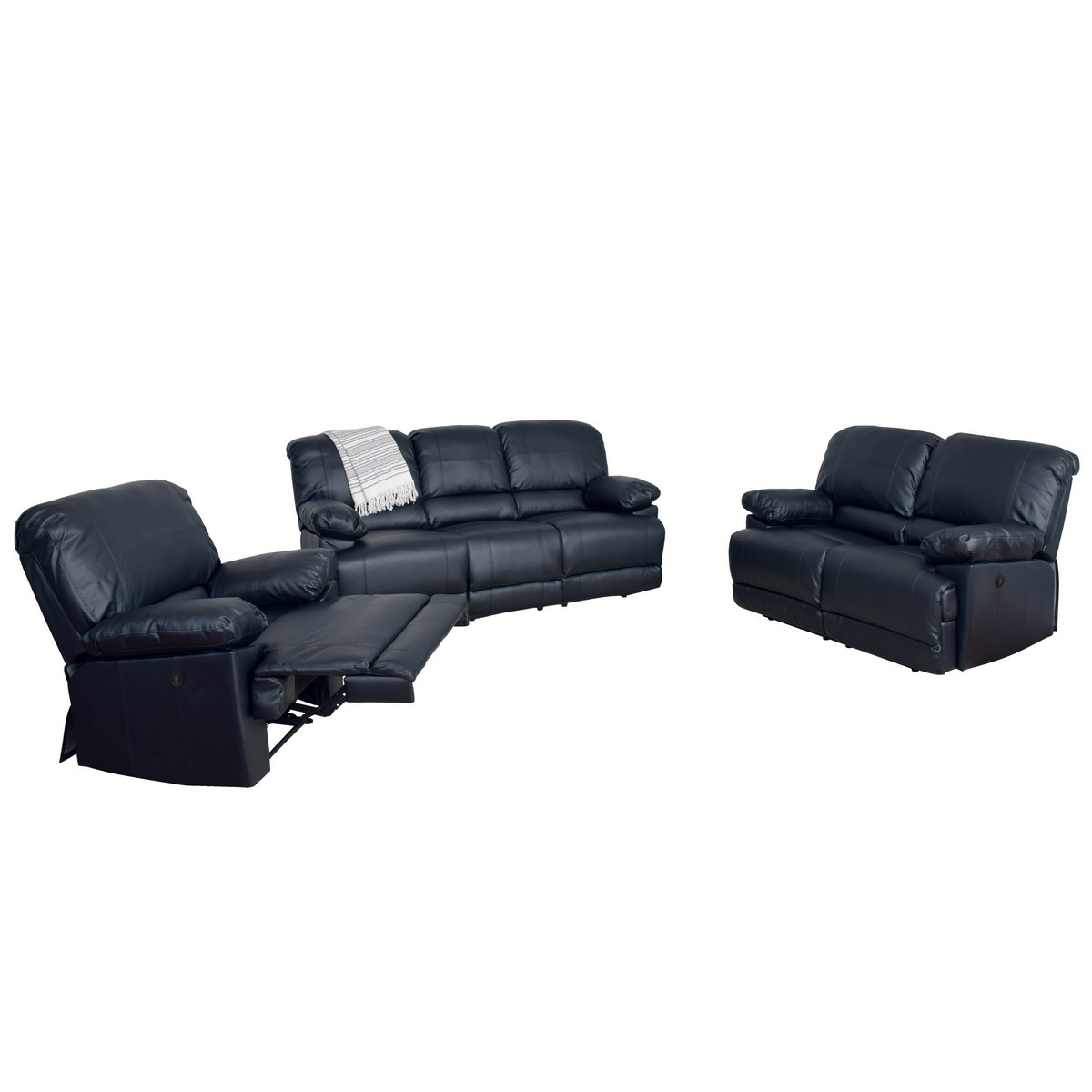 Corliving Lzy-302-z1 Lea Black Bonded Leather Power Recliner 3pc Sofa & Chair Set