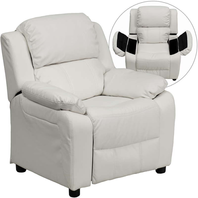 Deluxe Padded Contemporary White Vinyl Kids Recliner W/ Storage Arms - Flash Furniture Bt-7985-kid-white-gg