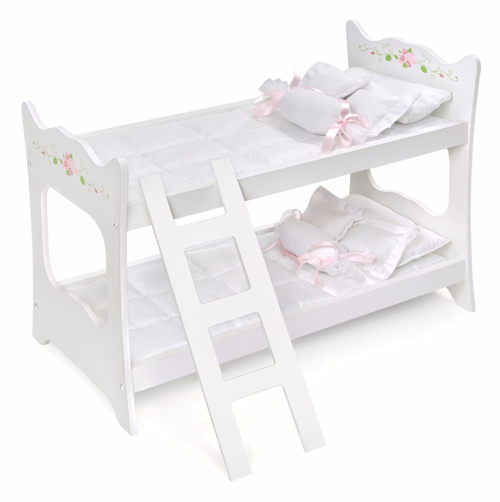 Doll Bunk Bed W/ Ladder & Bedding In White Rose - Badger Basket 15304