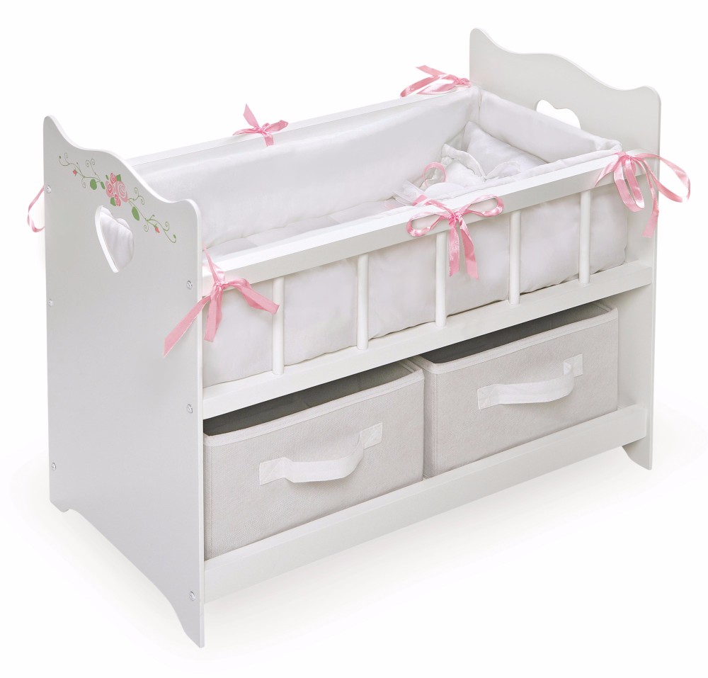 Doll Crib W/ Bedding, Two Baskets And Free Personalization Kit In White Rose - Badger Basket 15305
