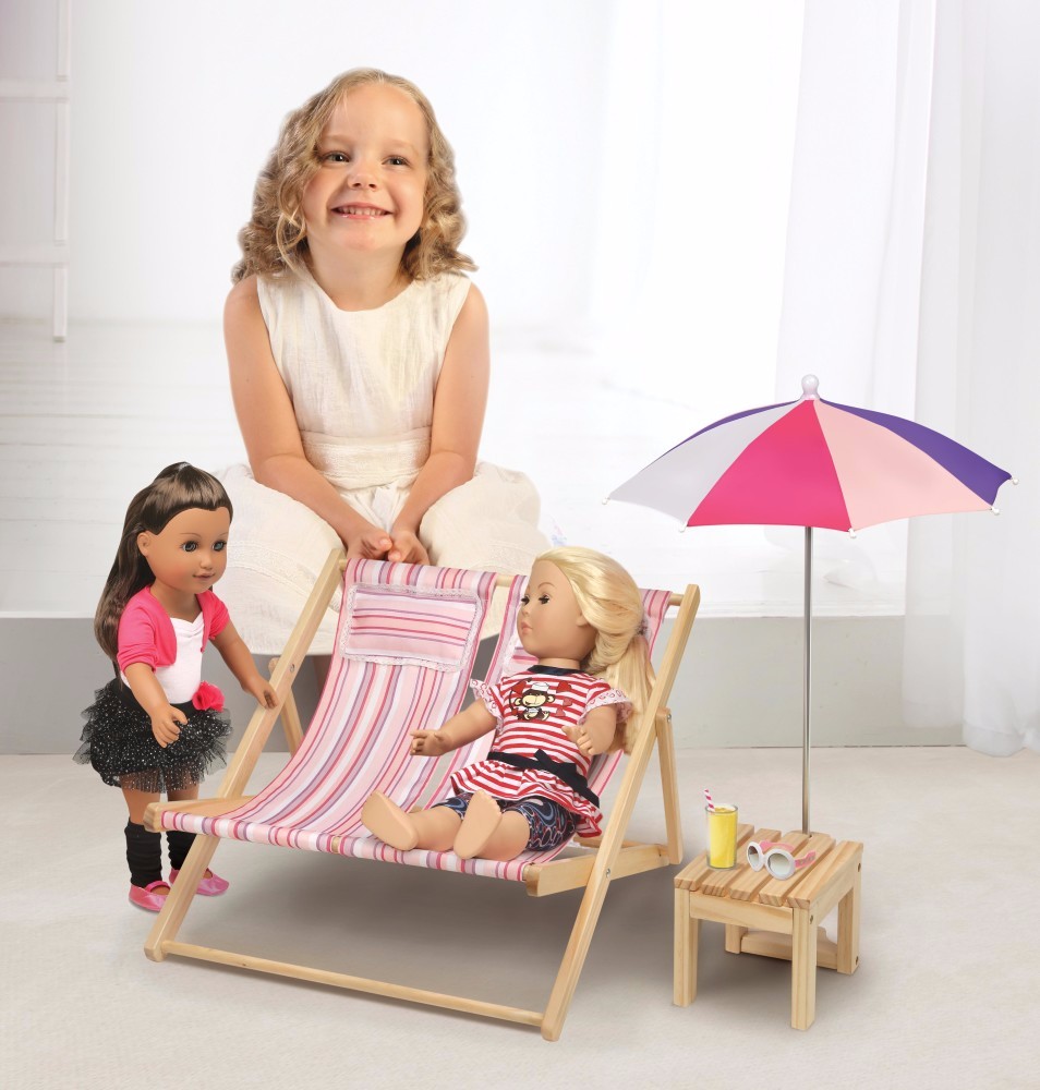 Double Doll Beach Chair W/ Table & Umbrella - Summer Stripes - Badger Basket 40021