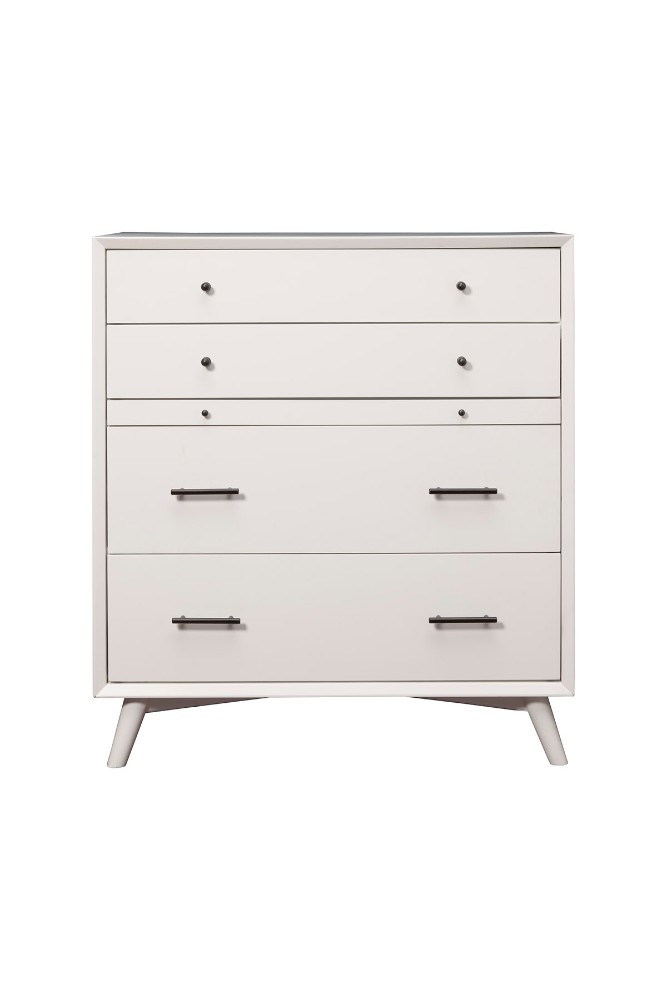 Flynn Mid Century Modern 4 Drawer Multifunction Chest w/ Pull Out Workstation Tray in White Finish - Alpine Furniture 966-W-05