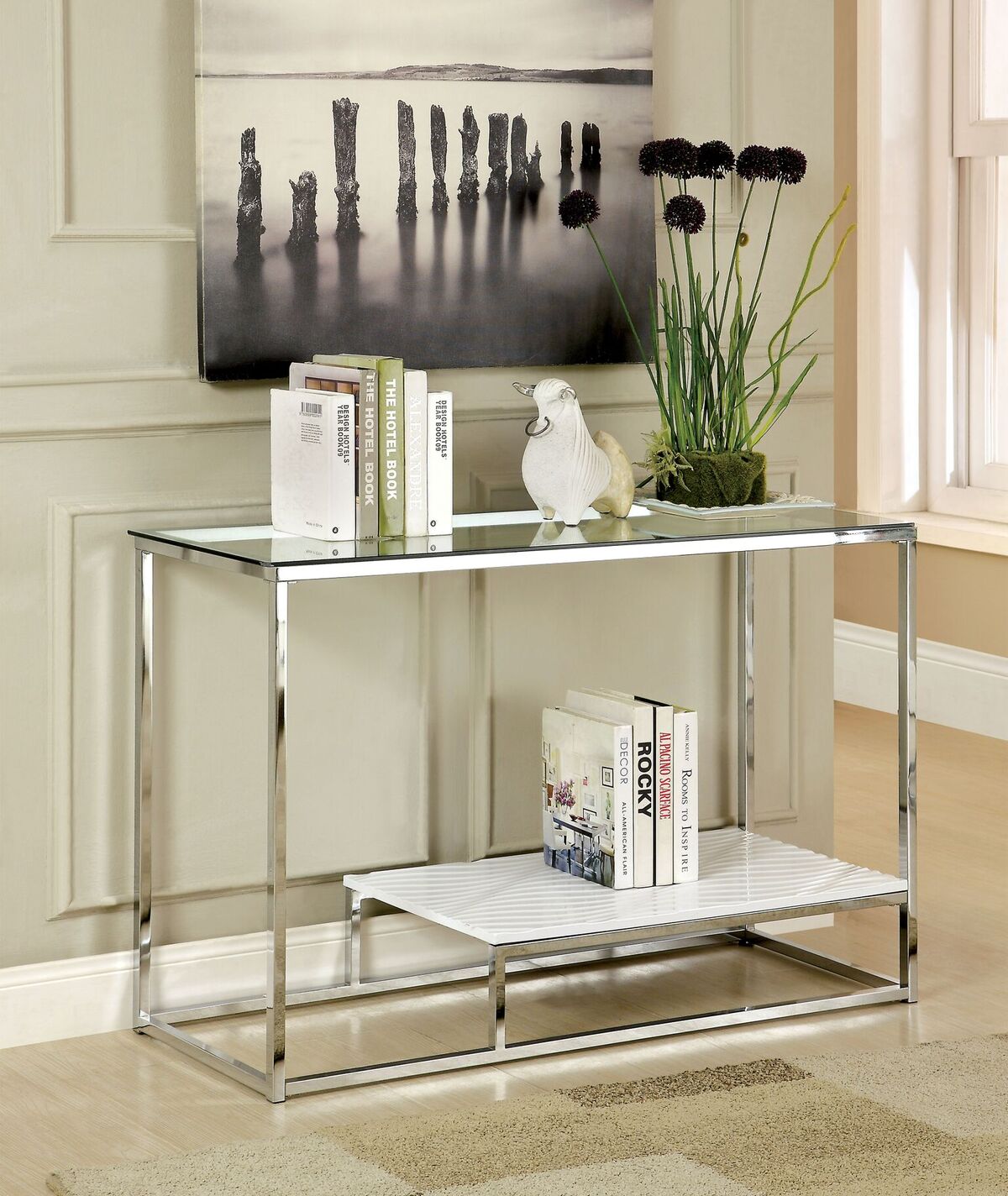 Furniture Of America Ortez Modern Metal Sofa Table In Chrome & White - Enitial Lab Idf-4231wh-s