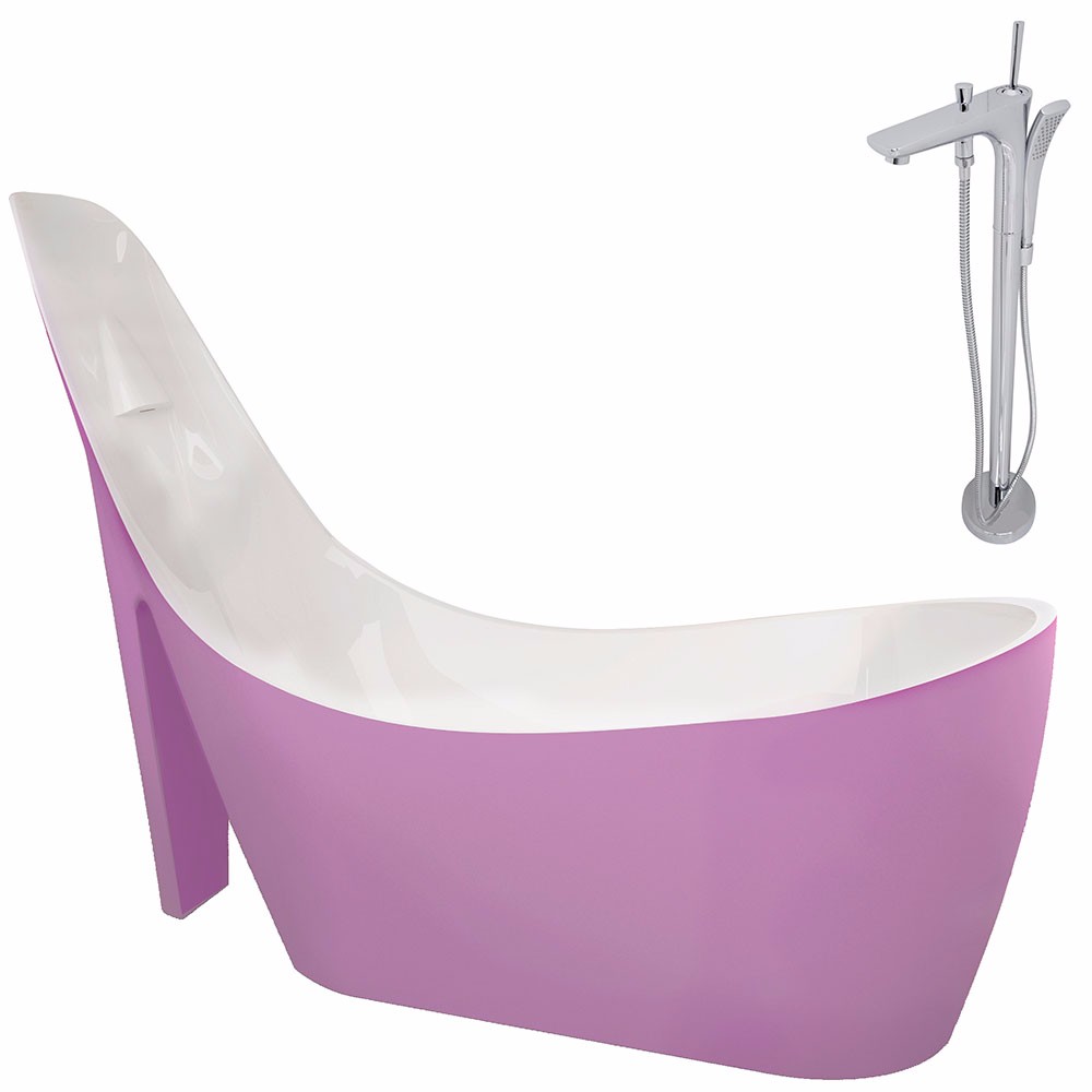 Gala 67 ft Acrylic Slipper Flatbottom Non Whirlpool Bathtub in Rose Pink Kase Faucet in Chrome ANZZI FT219 0029
