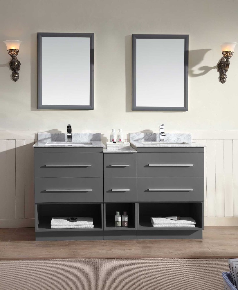 Wall Mount Dark Double Vanity Cabinet White Marble Top Mirrors