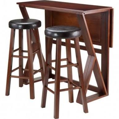 Harrington 3-Pc Drop Leaf High Table w/ Two 29" Cushion Round Seat Stools - Winsome Wood 94336