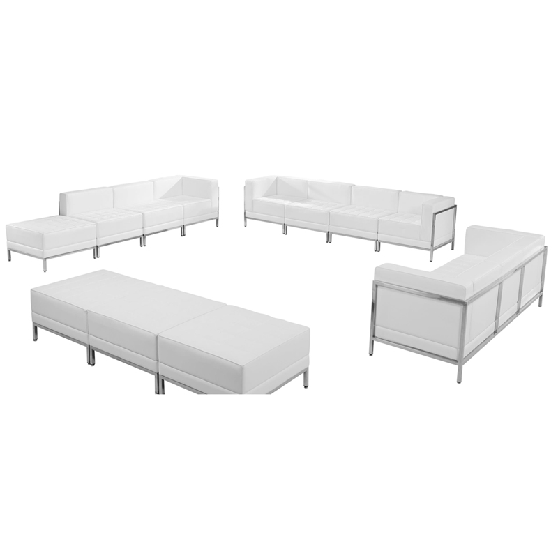 Flash White Leather Sofa Lounge Ottoman Set