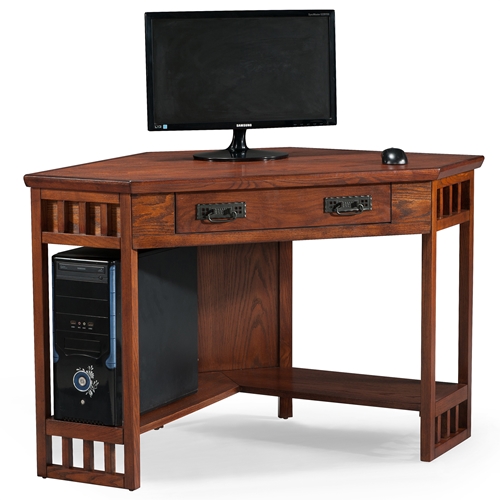 82430 Mission Corner Desk, Writing Computer Desk with Drop Front Keyboard Drawer, for Home Office, Solid Wood, Mission Oak - Leick Furniture 82430