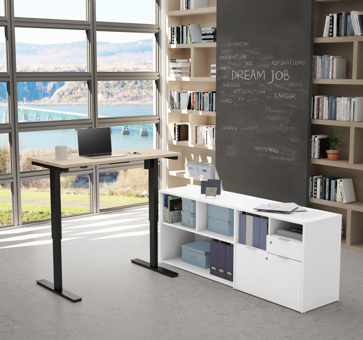 I3 Plus Height Adjustable L-desk In Northern Maple & White - Bestar 160885-3817