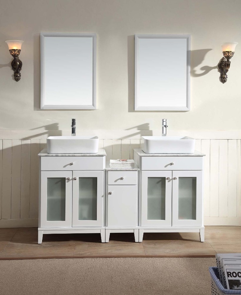 Double Vanity Cabinet Set White Marble Top Mirrors
