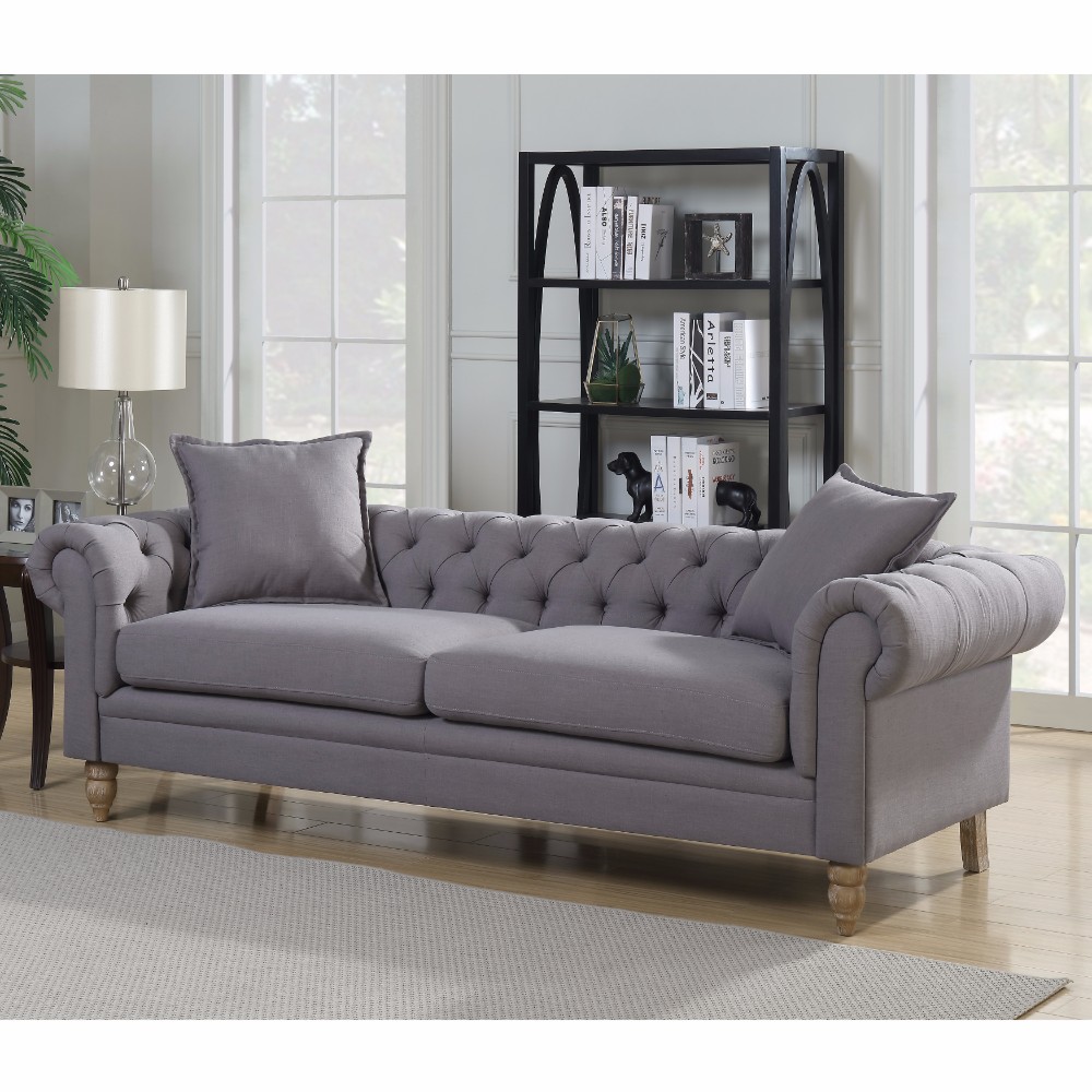 Juliet Collection Contemporary Linen Fabric Upholstered Button Tufted Living Room Chesterfield Sofa, Grey - AC Pacific JULIET-GREY-SOFA - Sofas