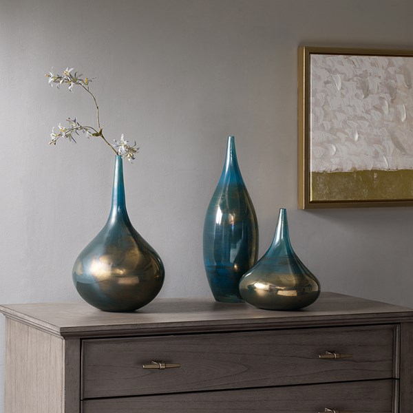 Madison Park Signature Aurora Handmade Rainbow Glass Vase- Set of 3 in Blue Metal - Olliix MPS162-248