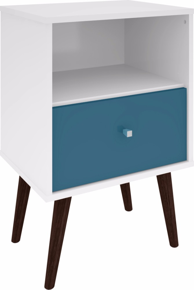 Picture of Manhattan Comfort 203AMC64 - Liberty Mid Century - Modern Nightstand 1.0 w/ 1 Cubby Space & 1 Drawer in White & Aqua Blue w/ Solid Wood Legs