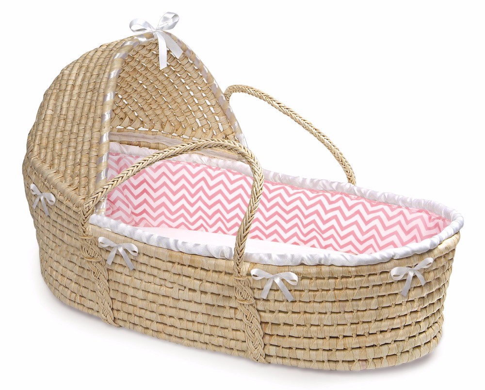Natural Hooded Moses Basket In Pink Chevron Bedding - Badger Basket 80887