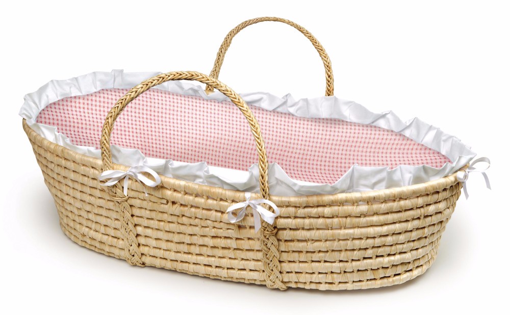Natural Moses Basket In Pink Gingham Bedding - Badger Basket 00889
