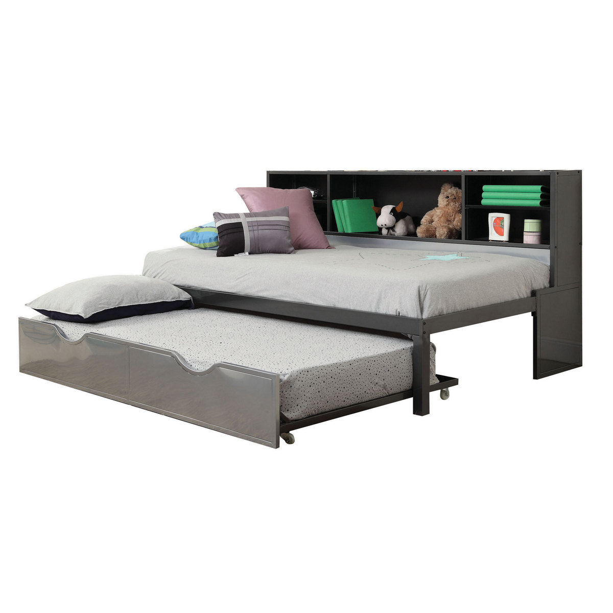 Twin Bed Bookcase Trundle Silver Acme