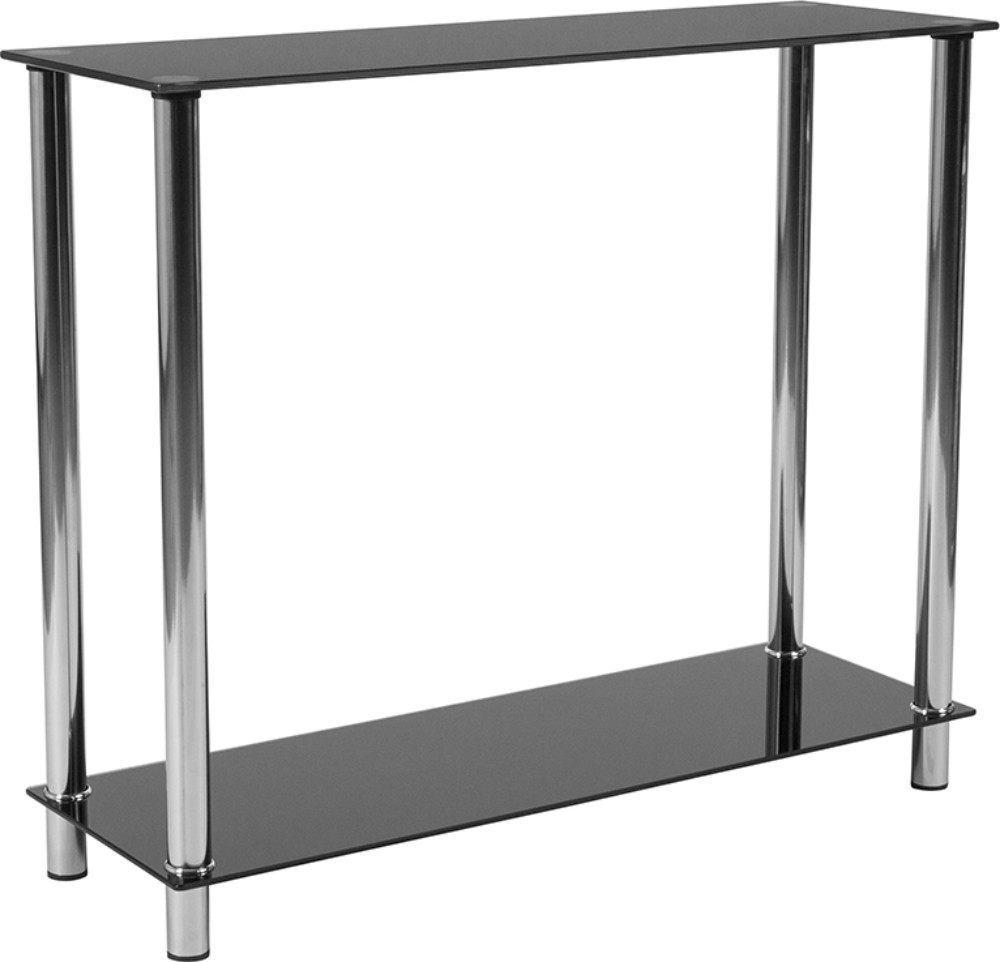 Riverside Collection Black Glass Console Table W/ Shelves & Stainless Steel Frame - Flash Furniture Hg-112350-gg