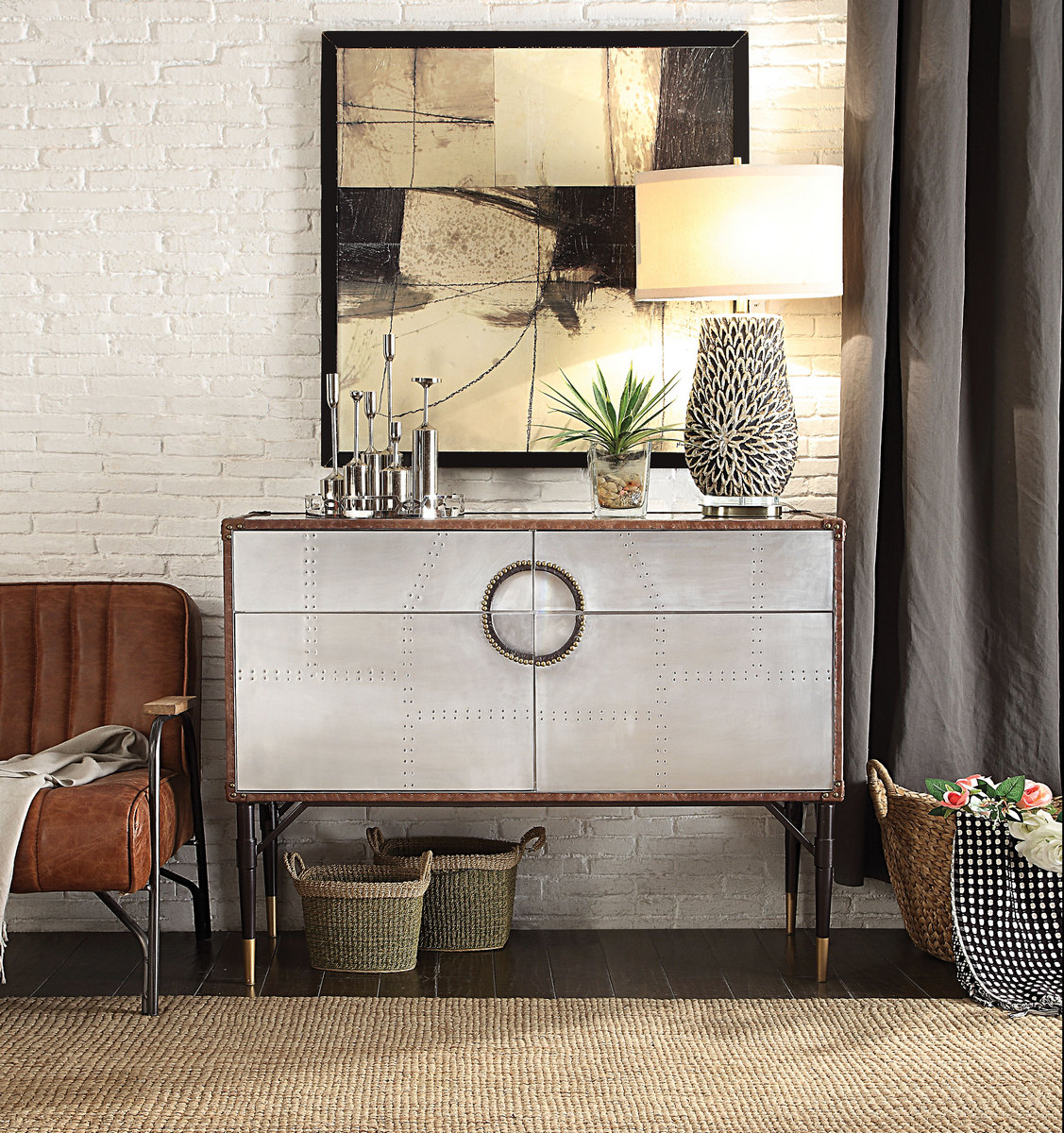 Rosy Console Table In Top Grain Leather & Aluminum - Acme Furniture 90030