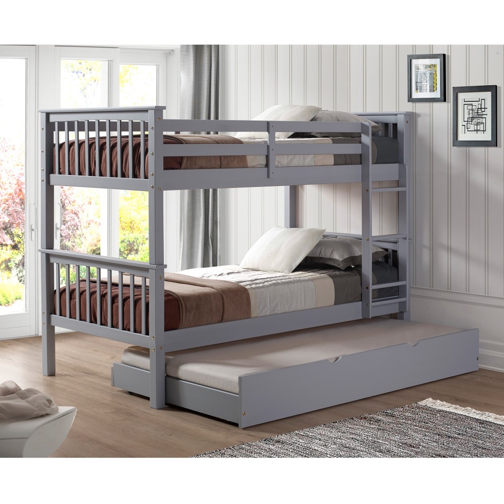 Solid Wood Twin Bunk Bed with Trundle Bed in Grey - Walker Edison BWTOTMSGY-TR