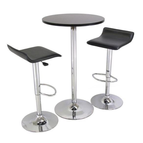 Spectrum 3pc Pub Table Set, 24" Round Black table w/ Chrome, 2 Airlift Stool - Winsome Wood 93324