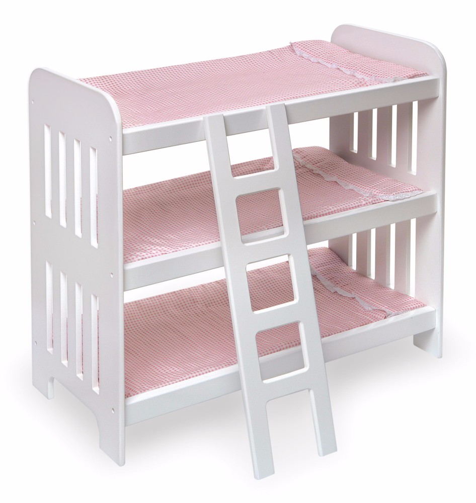 Triple Doll Bunk Bed W/ Ladder, Bedding And Free Personalization Kit In Pink Gingham - Badger Basket 18580