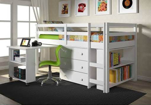 Twin Loft Desk Chest Bookcase White