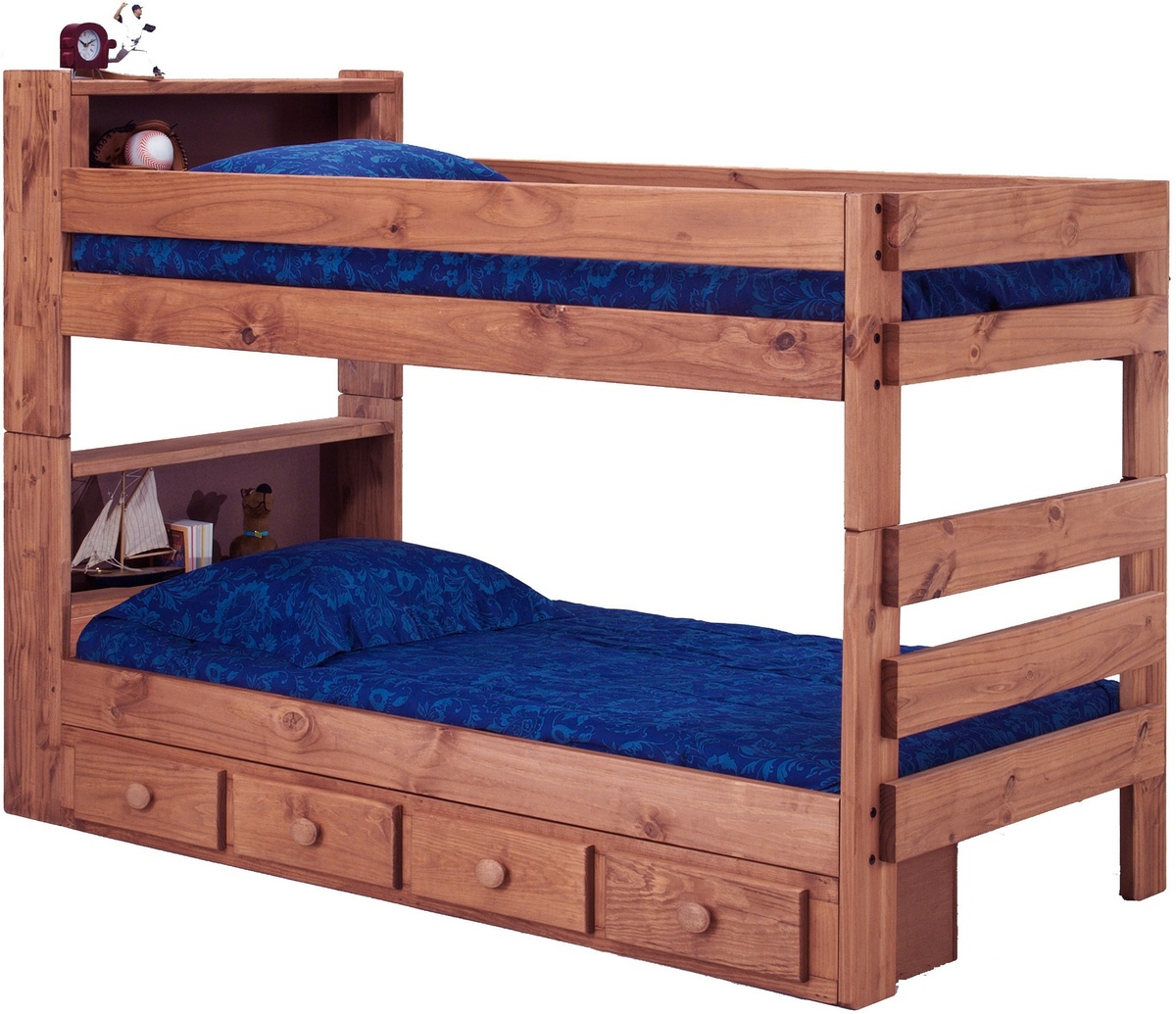 Twin Over Twin Bookcase Bunk Bed W/ Storage Mahogany Stain - Chelsea Home Furniture 312004-415-s