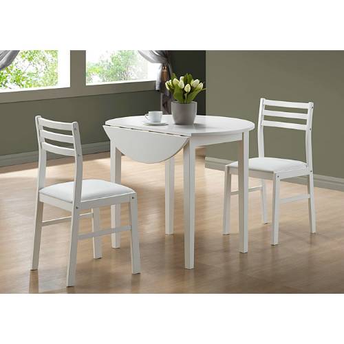 White 3Pcs Dining Set w/ 36"Dia Drop Leaf Table - Monarch Specialties I-1008