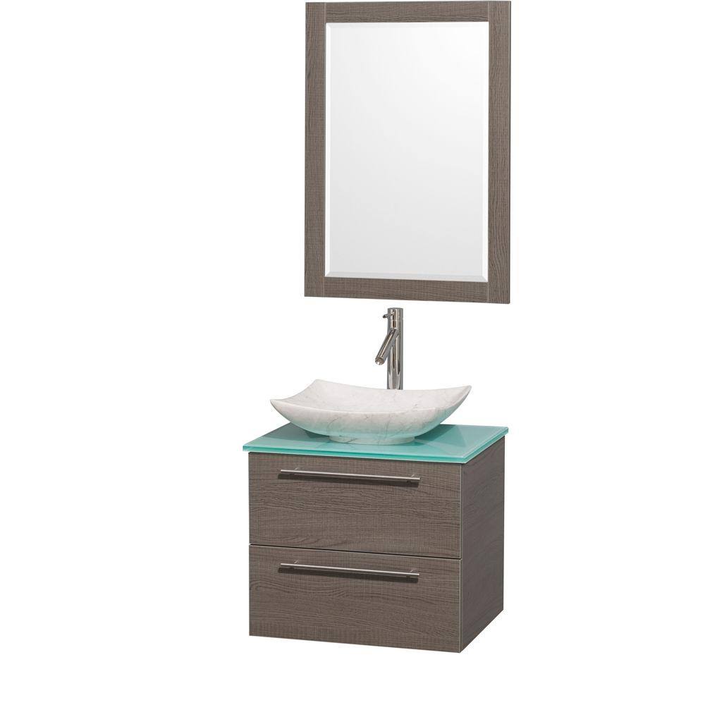 Single Bathroom Vanity Gray Oak Green Glass Countertop White Marble Sink Mirror