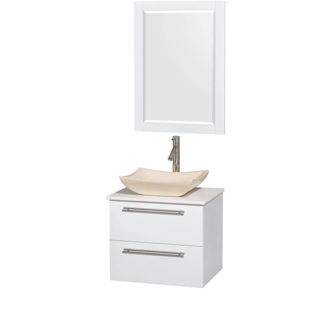 Wyndham Wcr410024sgwwsgs2m24 24 In. Single Bathroom Vanity In Glossy White, White Man-made Stone Countertop, Avalon Ivory Marble Sink, And 24 In. Mirror