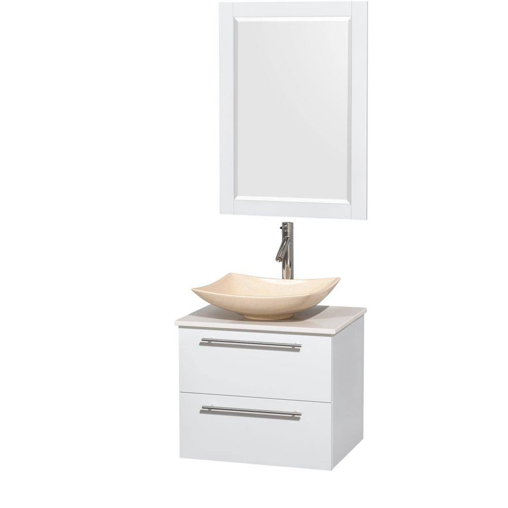 Wyndham Wcr410024sgwwsgs5m24 24 In. Single Bathroom Vanity In Glossy White, White Man-made Stone Countertop, Arista Ivory Marble Sink, And 24 In. Mirror