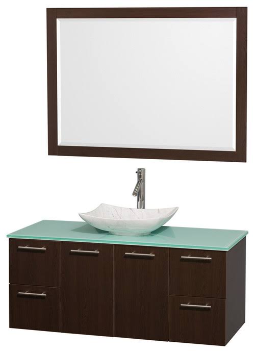 Wyndham Wcr410048sesgggs6m46 48 In. Single Bathroom Vanity In Espresso, Green Glass Countertop, Arista White Carrera Marble Sink, And 46 In. Mirror
