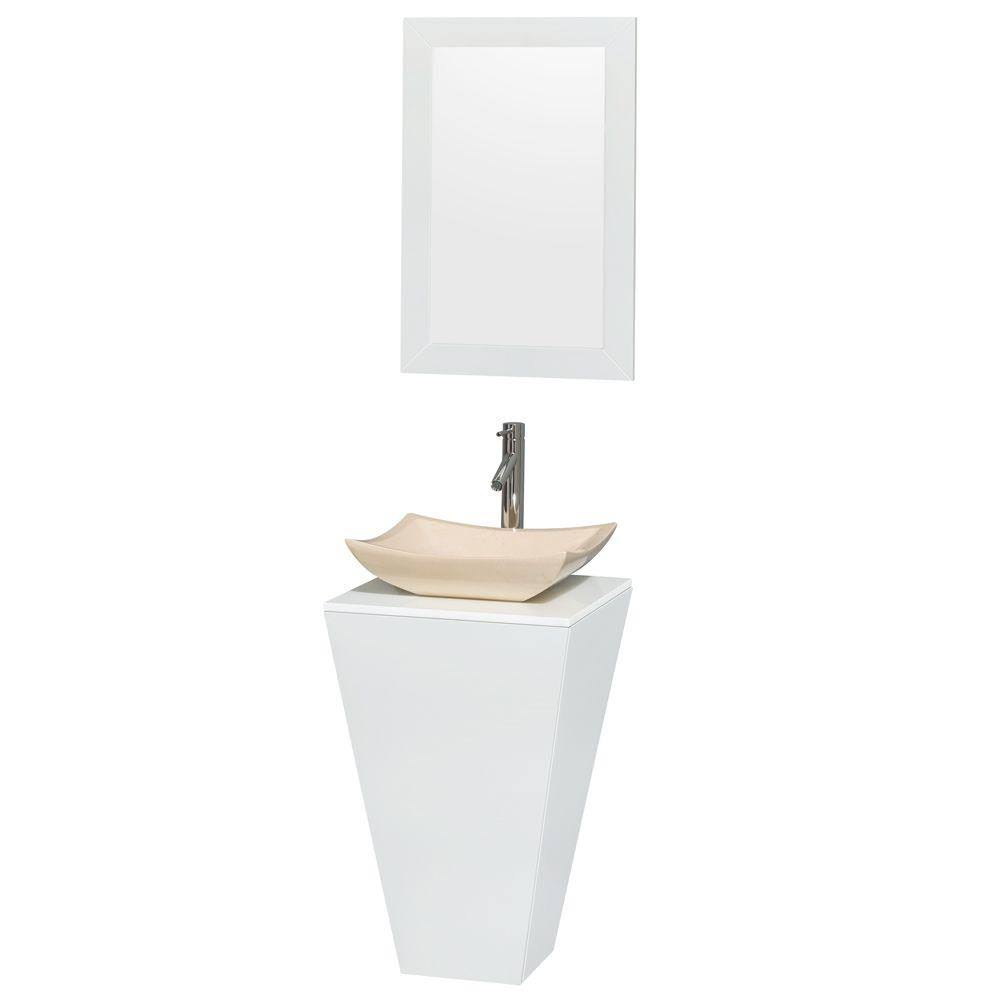 Pedestal Bathroom Vanity Glossy White Stone Countertop Ivory Marble Sink Mirror