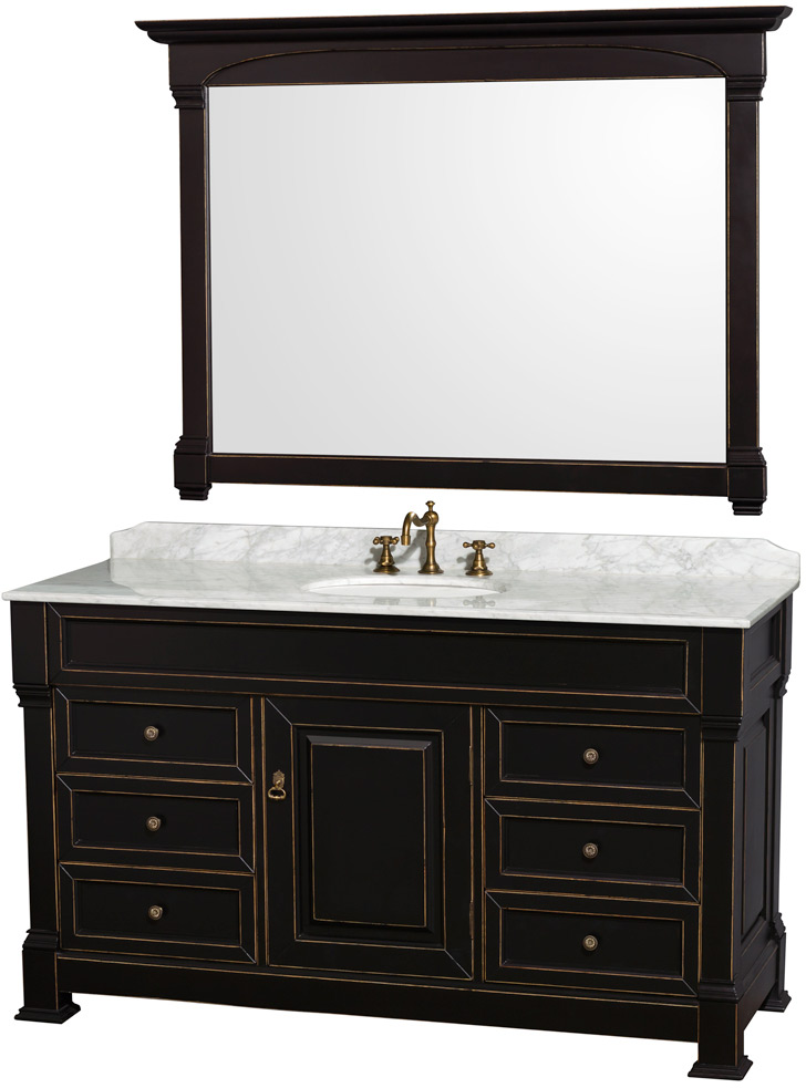 Wyndham Single Black White Marble Top White Undermount Round Sink Mirror