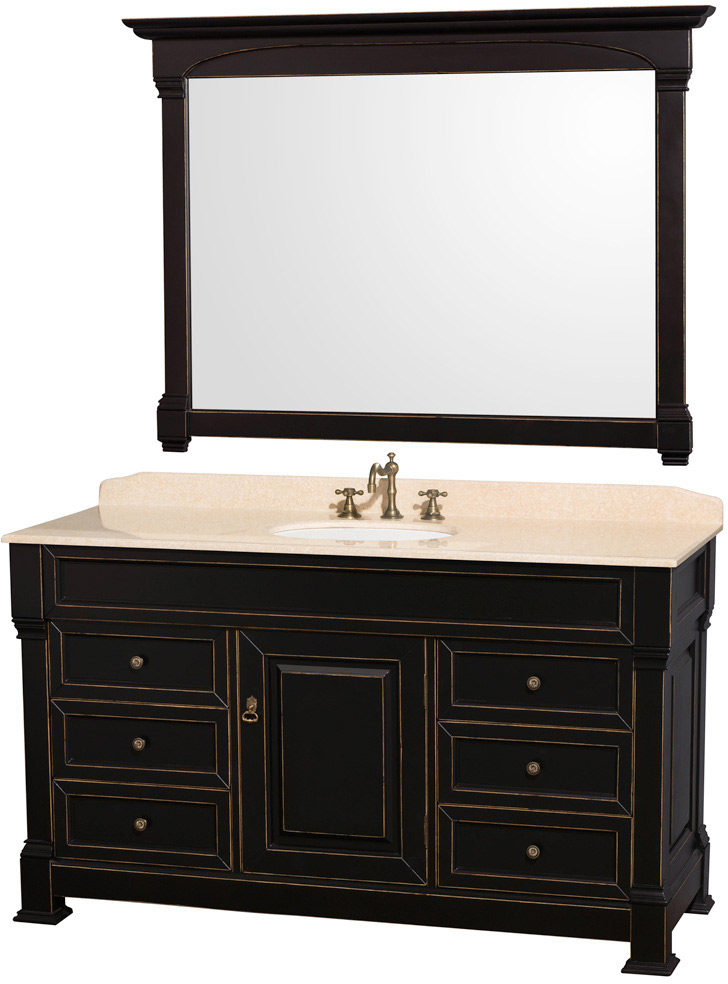 Wyndham Single Black Marble Top White Undermount Round Sink Mirror