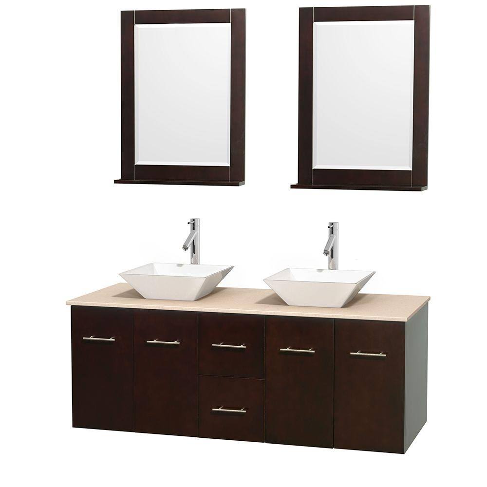 Wyndham Wcvw00960desivd2wm24 60 In. Double Bathroom Vanity In Espresso, Ivory Marble Countertop, Pyra White Porcelain Sinks, And 24 In. Mirrors