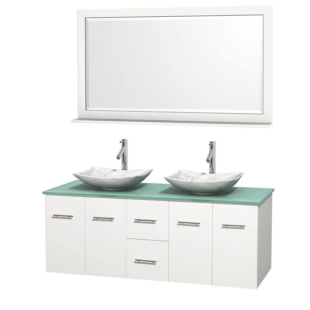 Wyndham Wcvw00960dwhgggs6m58 60 In. Double Bathroom Vanity In White, Green Glass Countertop, Arista White Carrera Marble Sinks, And 58 In. Mirror