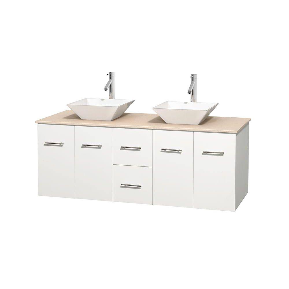 Wyndham Wcvw00960dwhivd2wmxx 60 In. Double Bathroom Vanity In White, Ivory Marble Countertop, Pyra White Porcelain Sinks, And No Mirror