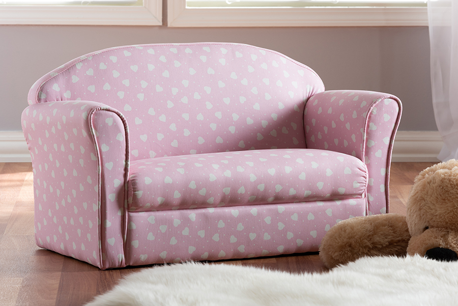 Baxton Studio Erica Modern & Contemporary Pink & White Heart Patterned Fabric Upholstered Kids 2-seater Sofa - Wholesale Interiors Ld20832-pink-sf